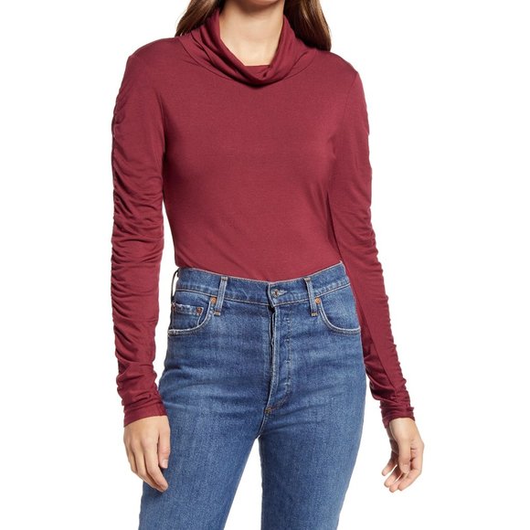 NEW Halogen Womens Large Draped Turtleneck Long Sleeve Top Ruched Burgundy Red - Picture 1 of 11